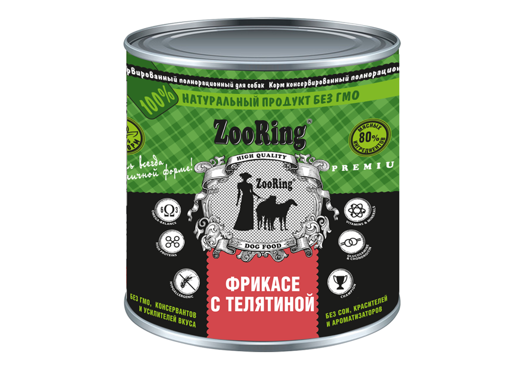 Корм консервированный полнорационный ZooRing для собак Фрикасе с Телятиной, 850 гр