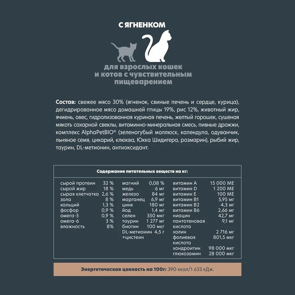 Сухой корм AlphaPet для взрослых кошек и котов с чувствительным пищеварением с ягненком 