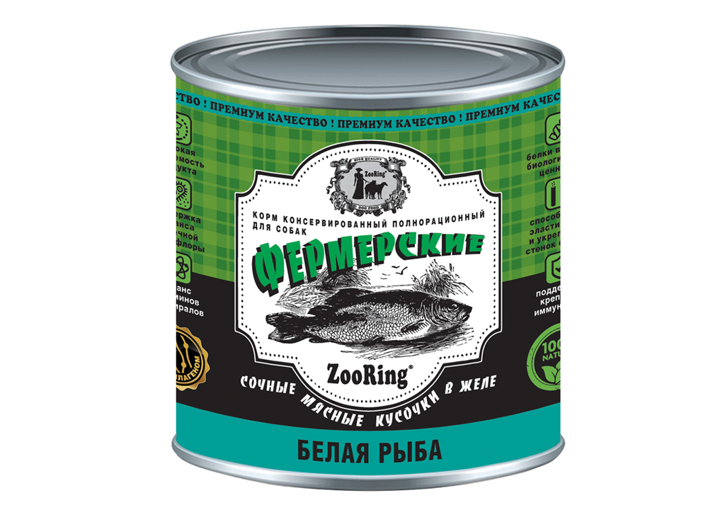 Корм консервированный полнорационный ZooRing для собак cочные мясные кусочки в желе "Фермерские" Белая рыба